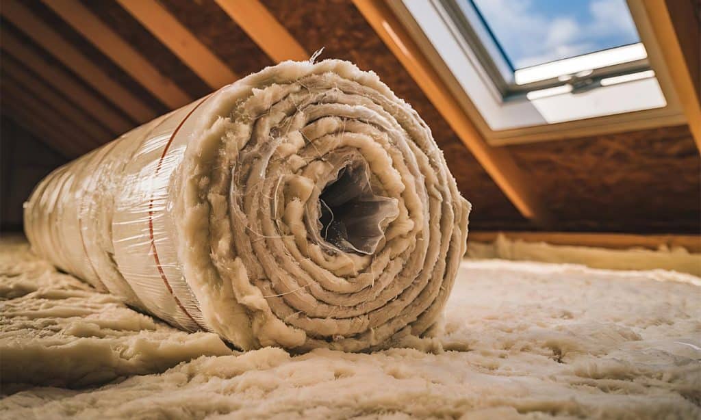 A roll of insulating wool located in the attic of a house