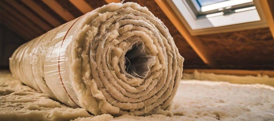A roll of insulating wool located in the attic of a house